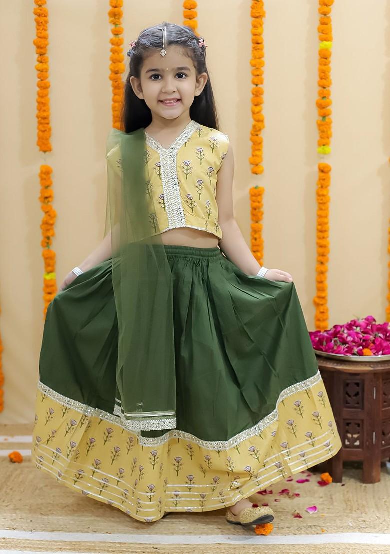 Green Printed Cotton Blend Lehenga Choli For Girls - Indya