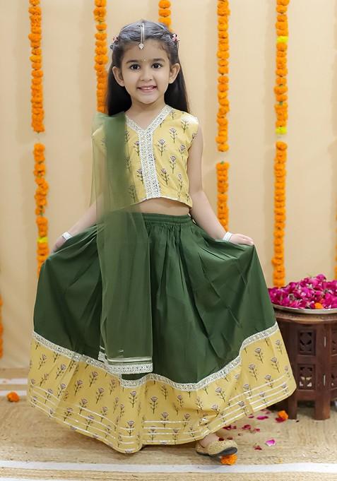 Green Printed Cotton Blend Lehenga Choli For Girls — view on Indya