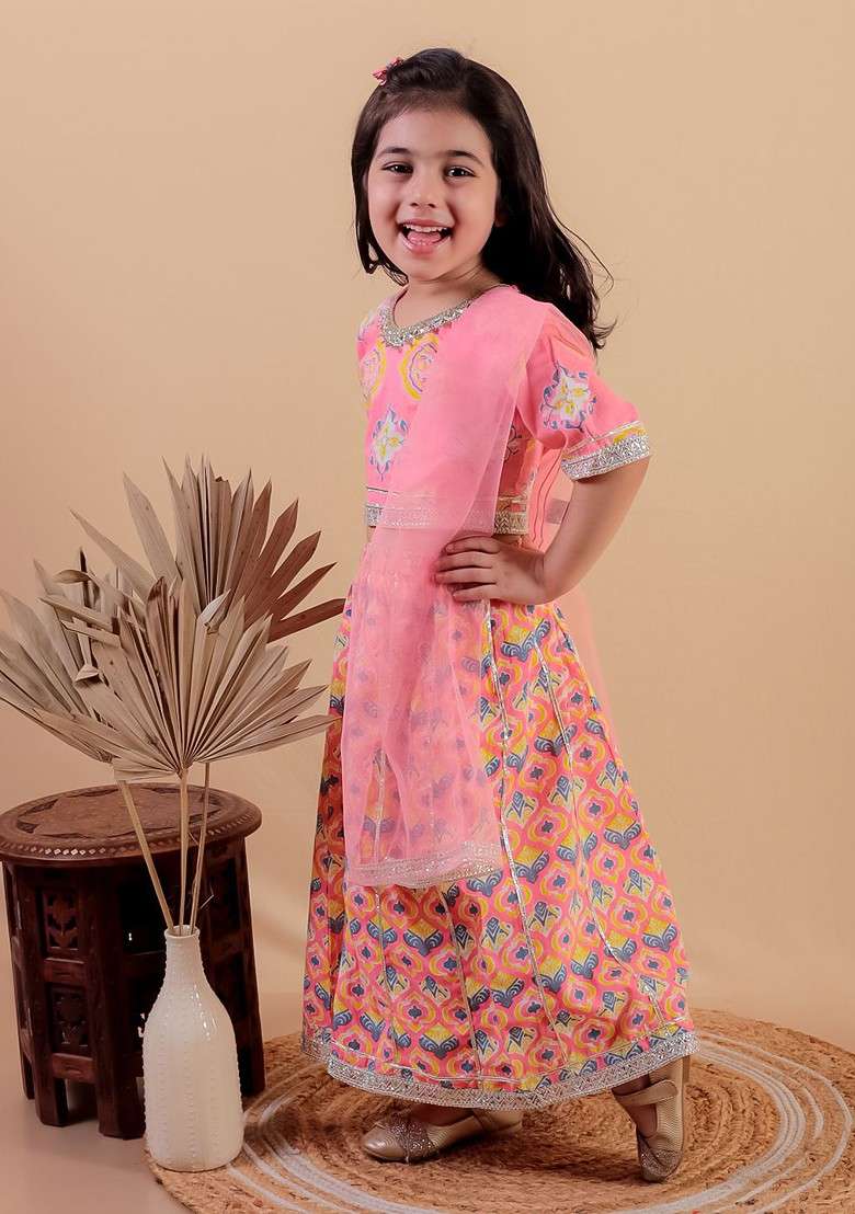 Pink Printed Cotton Blend Lehenga Choli For Girls - Indya