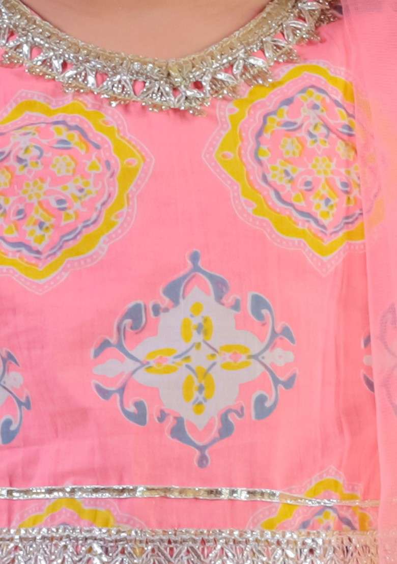 Pink Printed Cotton Blend Lehenga Choli For Girls - Indya