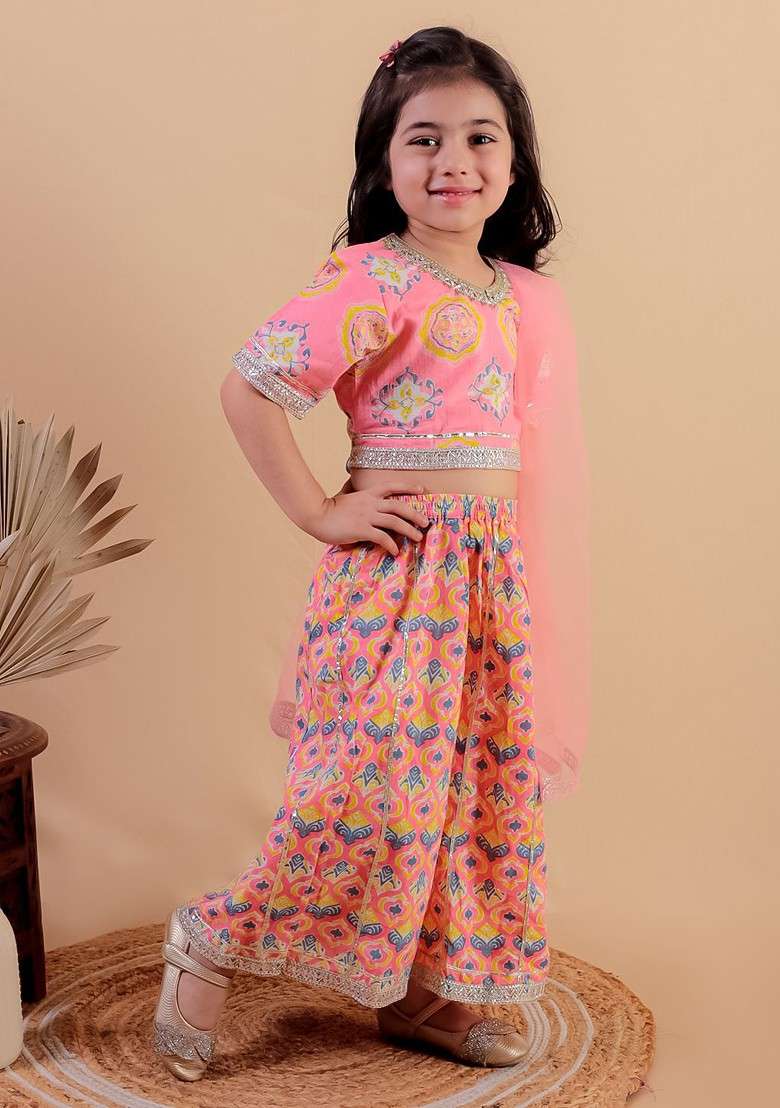 Pink Printed Cotton Blend Lehenga Choli For Girls - Indya