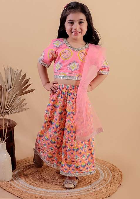 Pink Printed Cotton Blend Lehenga Choli For Girls
