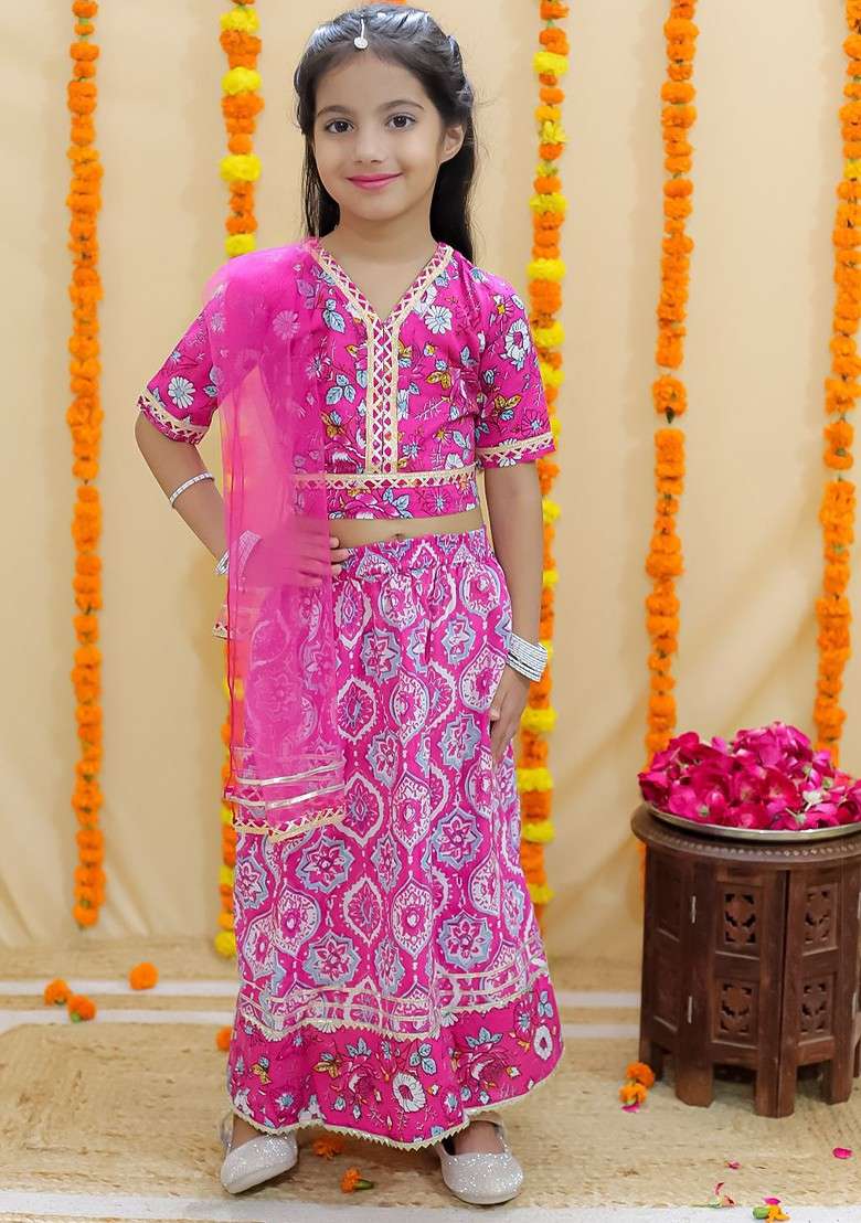 Pink Printed Cotton Blend Lehenga Choli For Girls - Indya