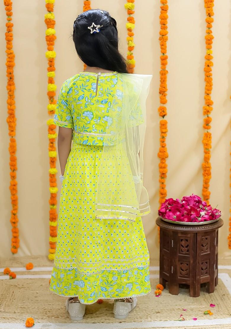 Yellow Printed Cotton Blend Lehenga Choli For Girls - Indya