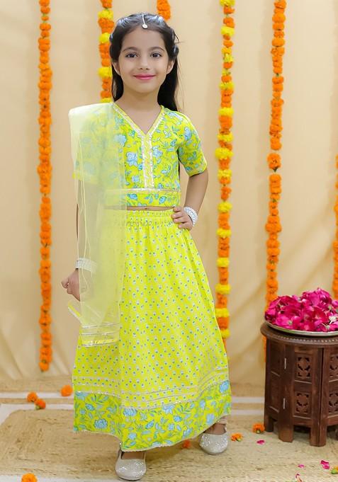 Yellow Printed Cotton Blend Lehenga Choli For Girls — view on Indya
