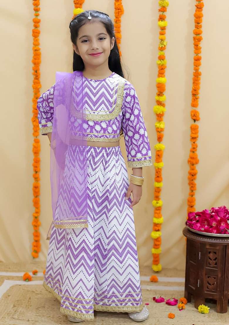 Purple Printed Cotton Blend Lehenga Choli For Girls - Indya
