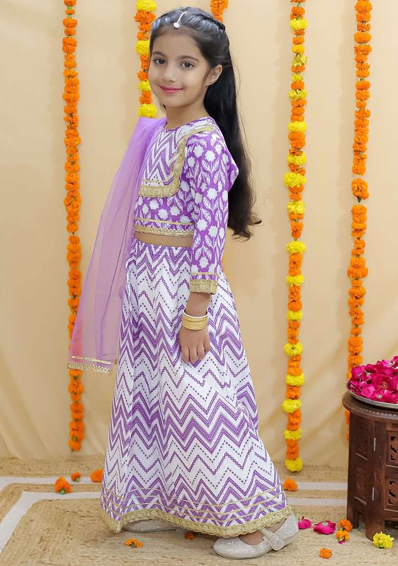 Purple Printed Cotton Blend Lehenga Choli For Girls - Indya