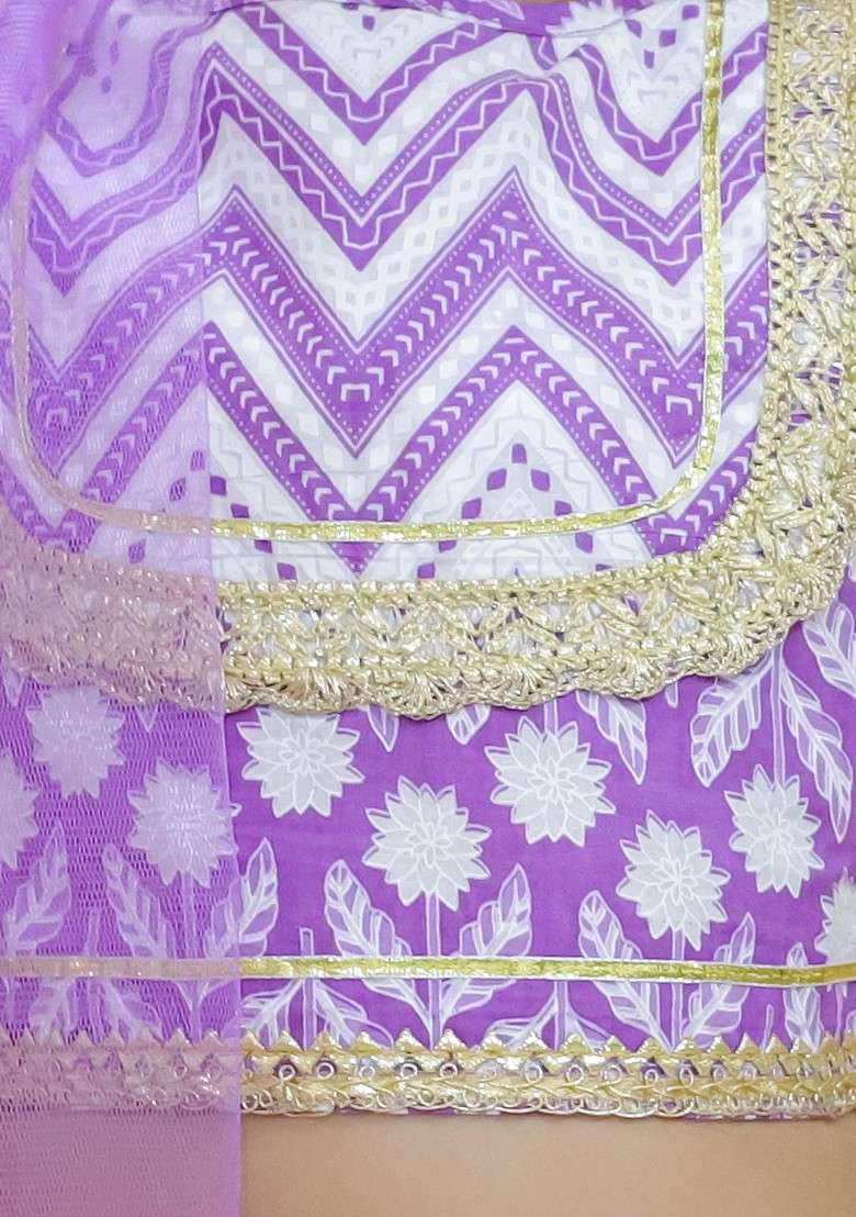 Purple Printed Cotton Blend Lehenga Choli For Girls - Indya