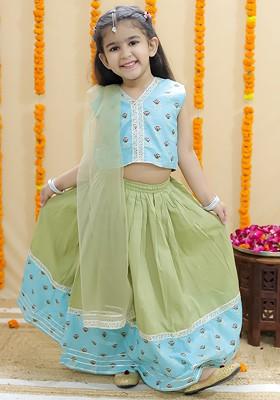Blue Printed Cotton Blend Lehenga Choli For Girls
