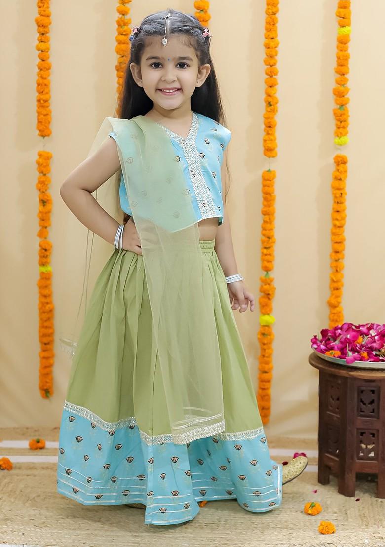 Blue Printed Cotton Blend Lehenga Choli For Girls - Indya
