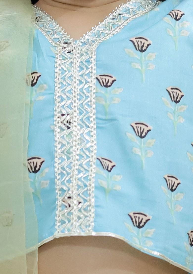Blue Printed Cotton Blend Lehenga Choli For Girls - Indya