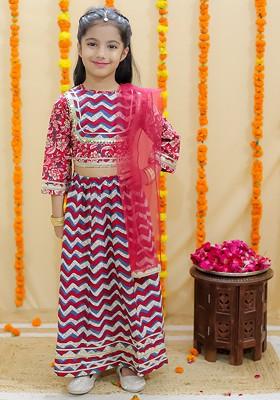 Red Printed Cotton Blend Lehenga Choli For Girls