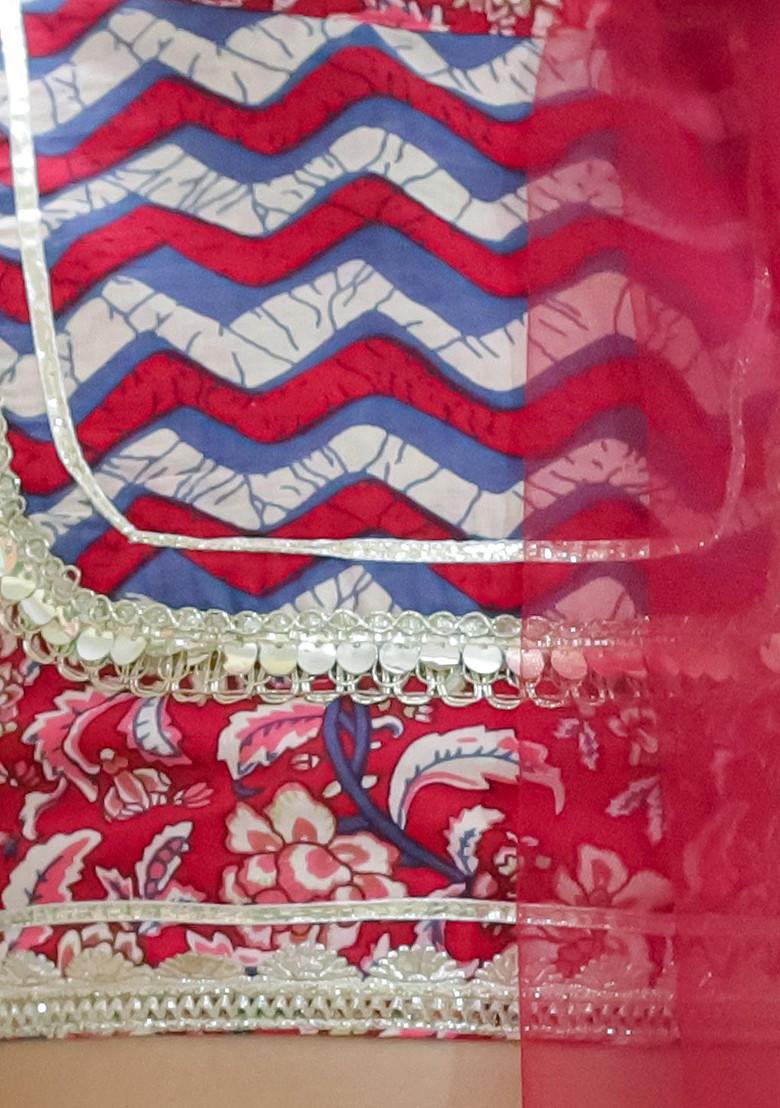 Red Printed Cotton Blend Lehenga Choli For Girls - Indya