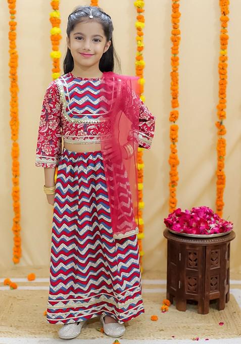 Red Printed Cotton Blend Lehenga Choli For Girls — view on Indya