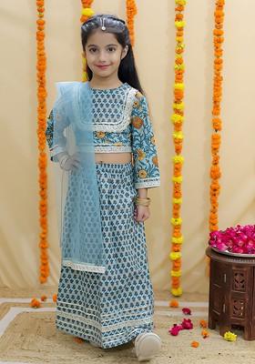 Green Printed Cotton Blend Lehenga Choli For Girls