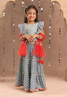 Grey Printed Blended Lehenga Choli For Girls