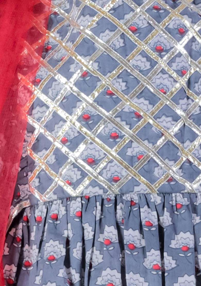 Grey Printed Blended Lehenga Choli For Girls - Indya