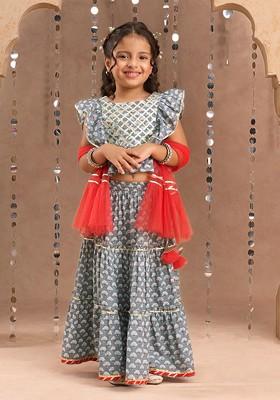 Grey Printed Cotton Blend Lehenga Choli For Girls