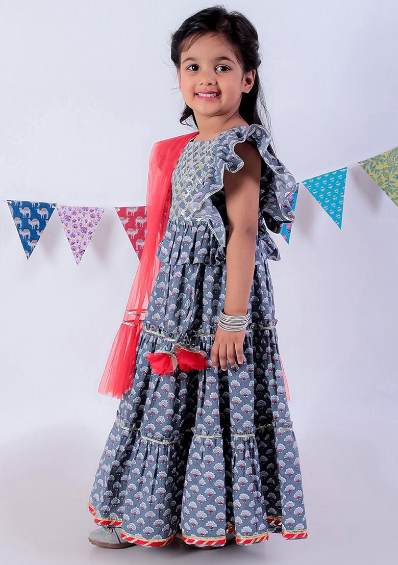 Grey Printed Cotton Blend Lehenga Choli For Girls - Indya