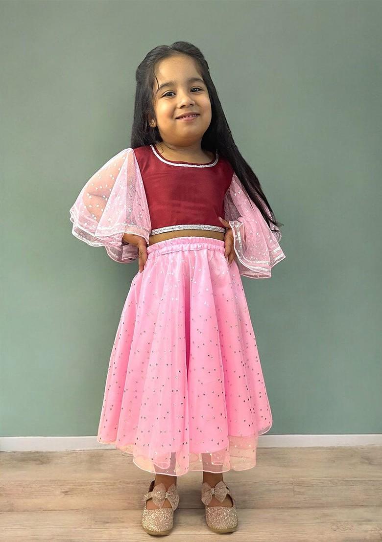 Pink Embellished Net Lehenga Choli For Girls - Indya
