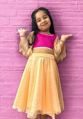 Peach Embellished Net Lehenga Choli For Girls