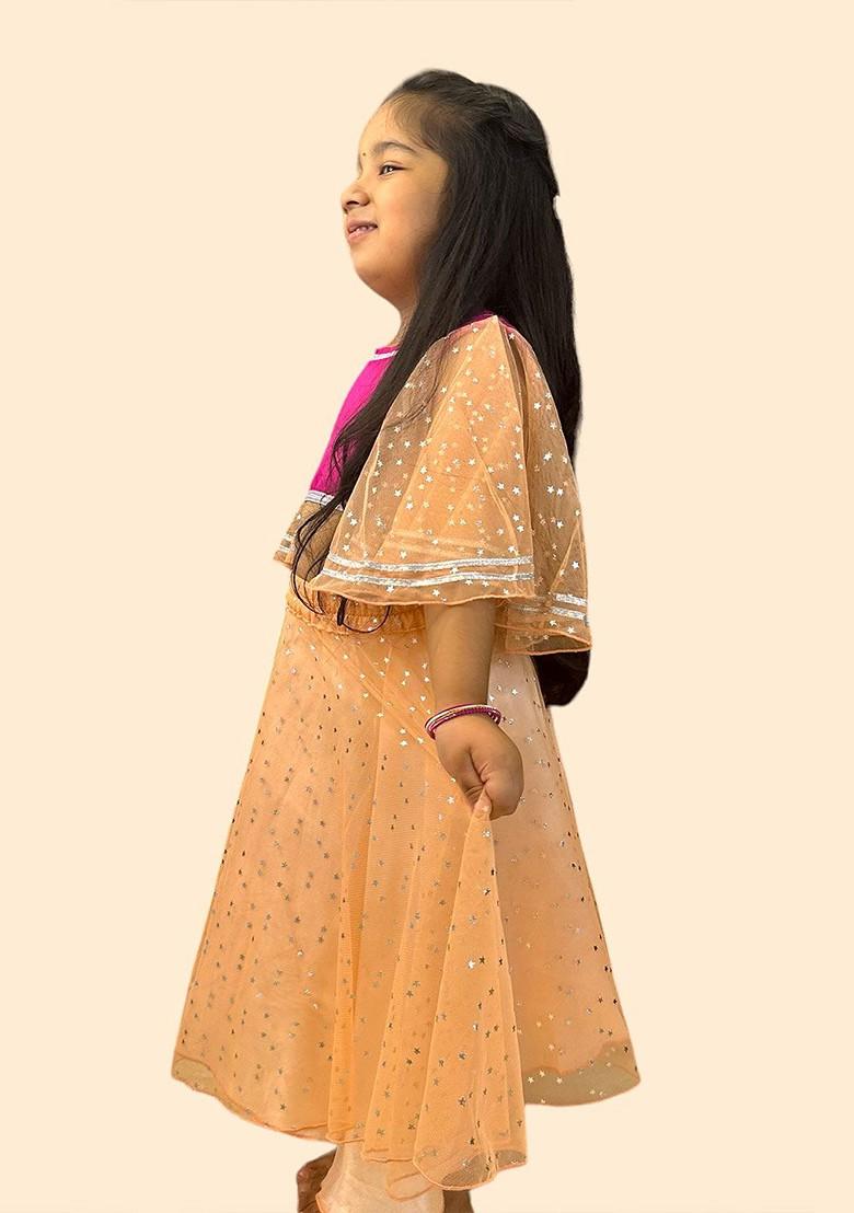 Peach Embellished Net Lehenga Choli For Girls - Indya