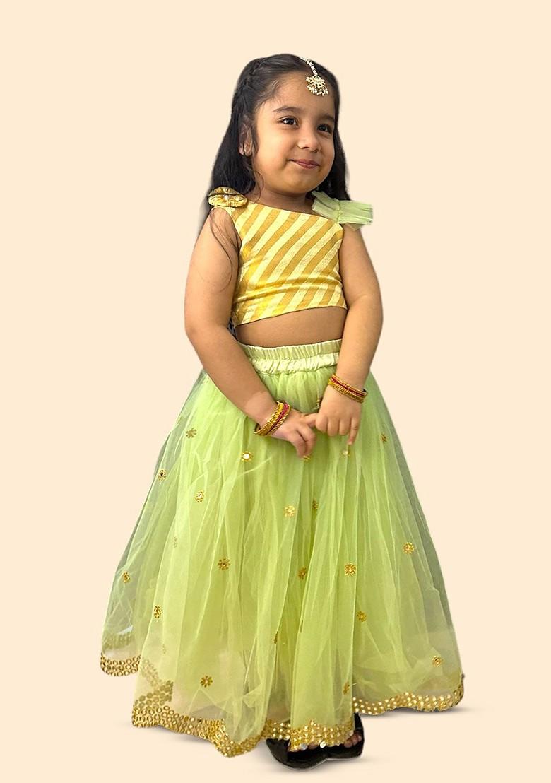 Green Embellished Blended Lehenga Choli For Girls - Indya