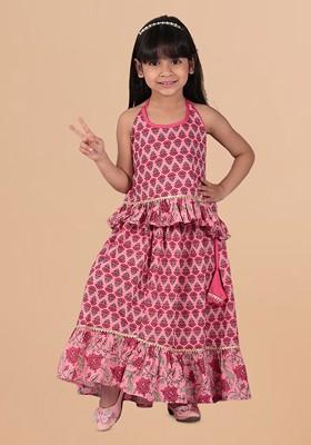 Pink Printed Cotton Blend Lehenga Choli For Girls