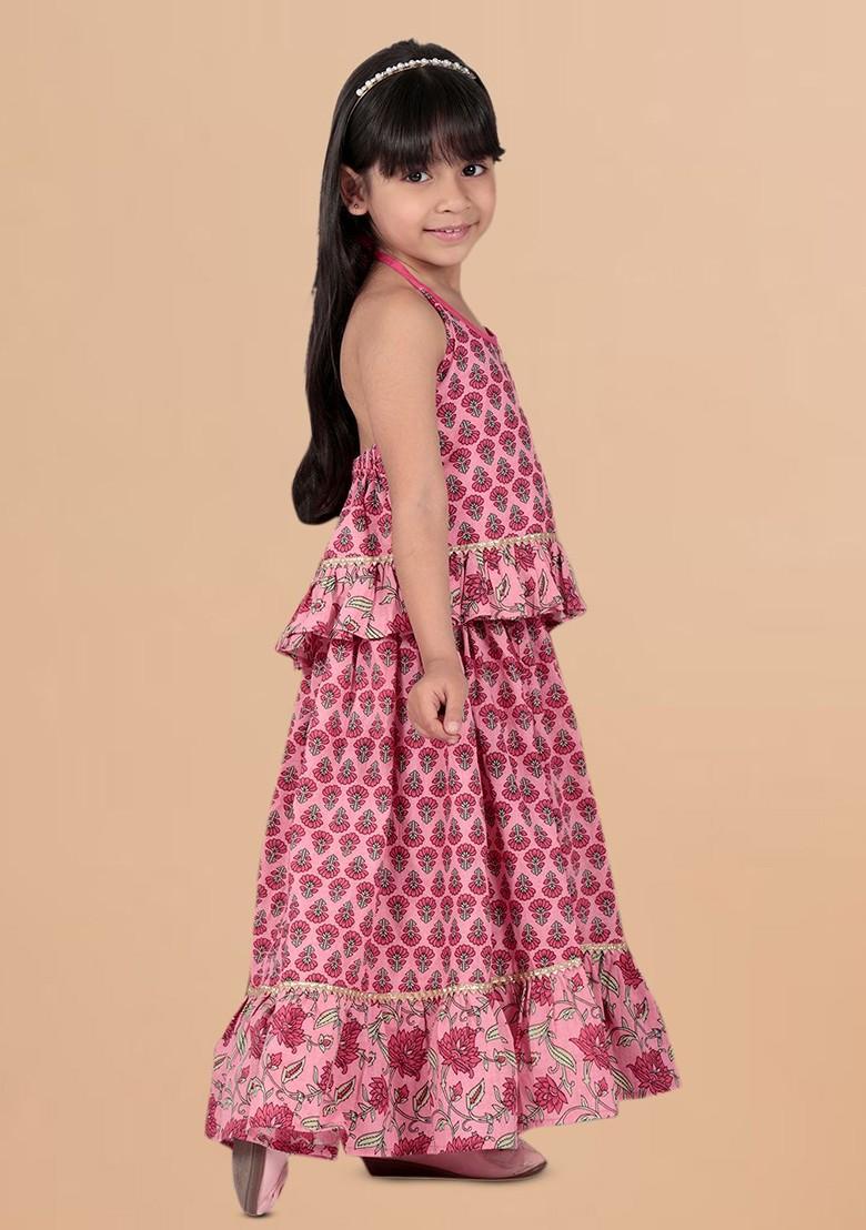 Pink Printed Cotton Blend Lehenga Choli For Girls - Indya