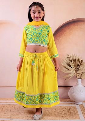 Yellow Printed Cotton Blend Lehenga Choli For Girls