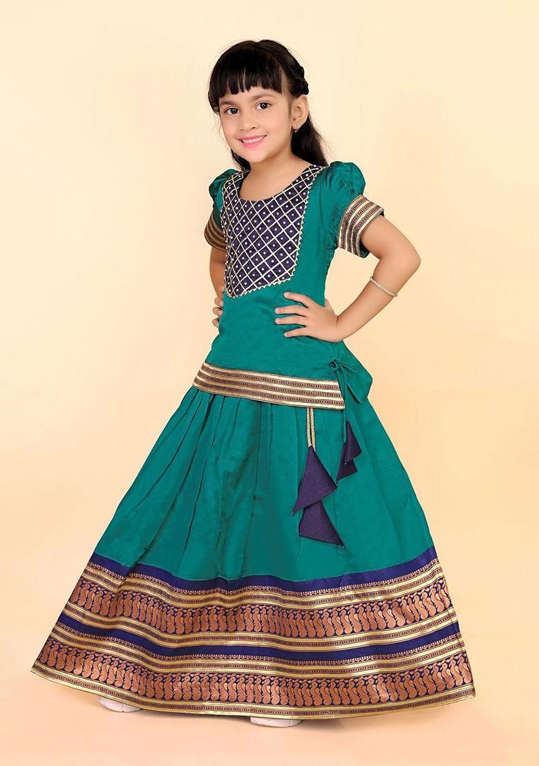 Green Zari Blended Lehenga Choli For Girls - Indya