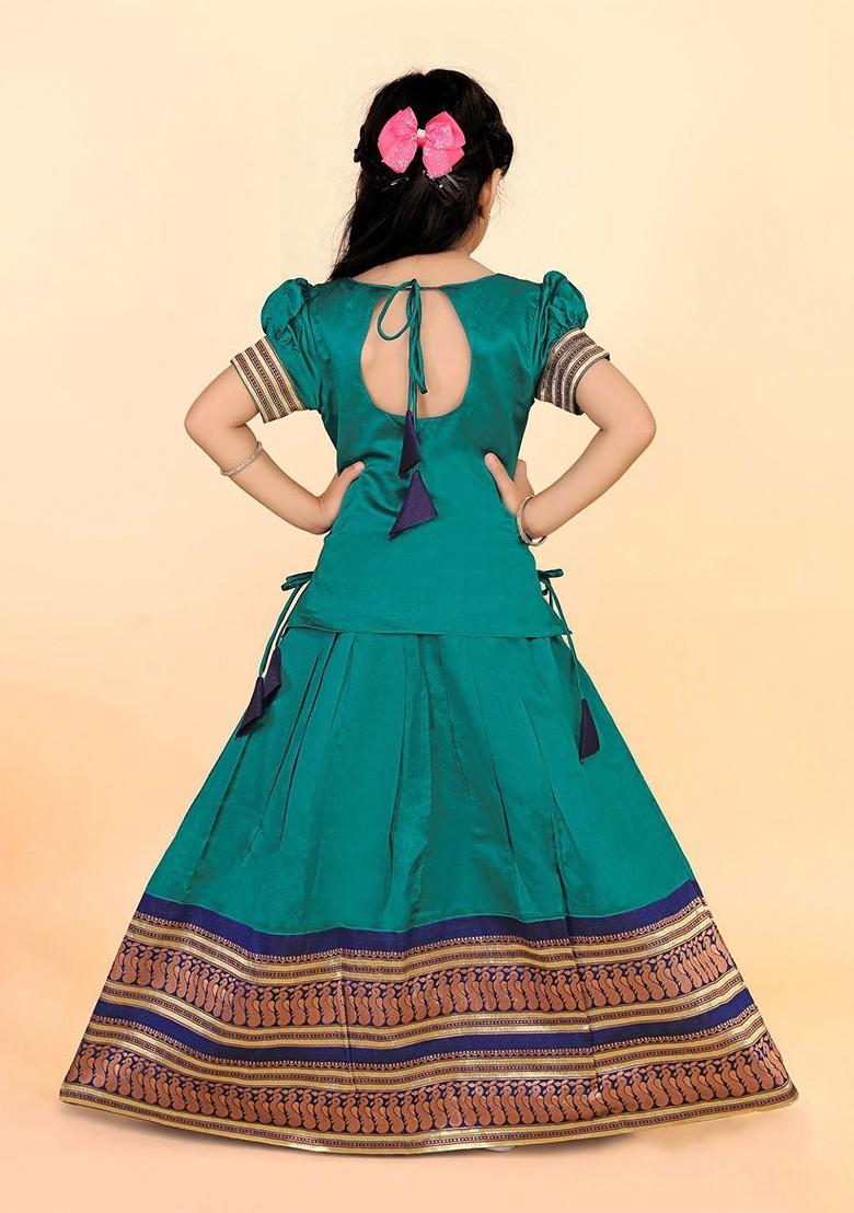 Green Zari Blended Lehenga Choli For Girls - Indya