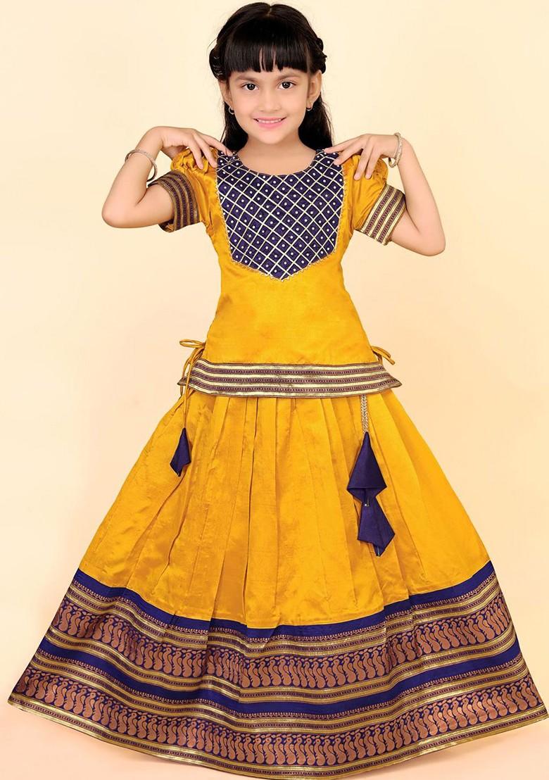 Yellow Zari Blended Lehenga Choli For Girls - Indya