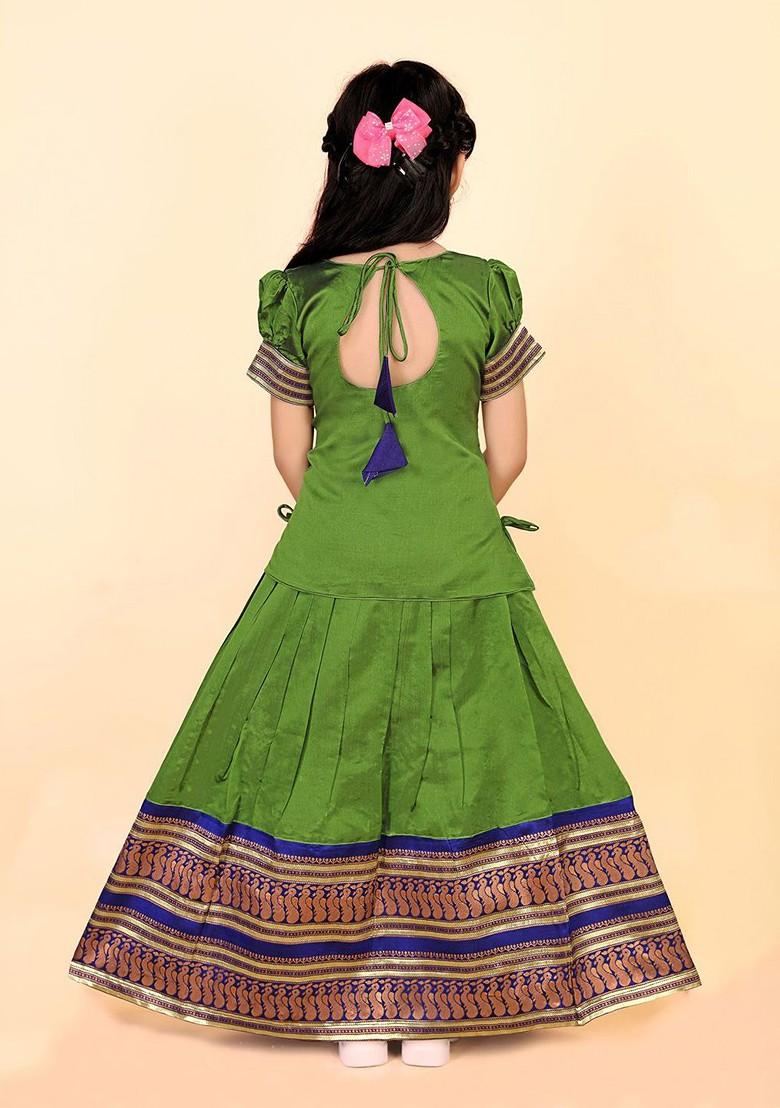 Green Zari Blended Lehenga Choli For Girls - Indya