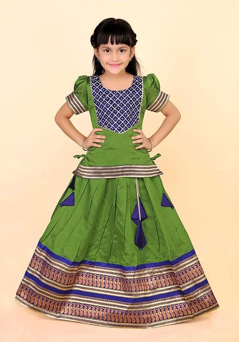 Green Zari Blended Lehenga Choli For Girls — view on Indya