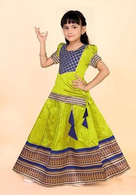Lime Green Zari Blended Lehenga Choli For Girls