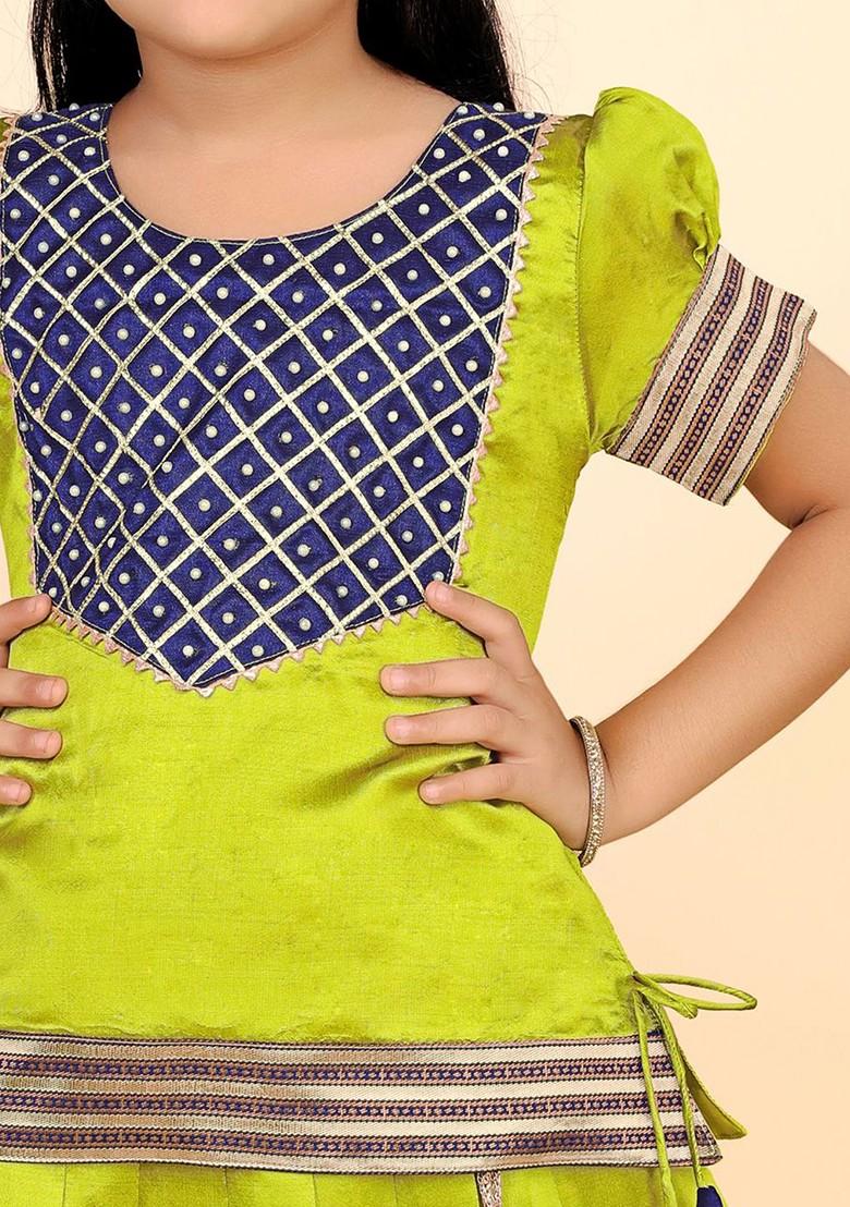 Lime Green Zari Blended Lehenga Choli For Girls - Indya