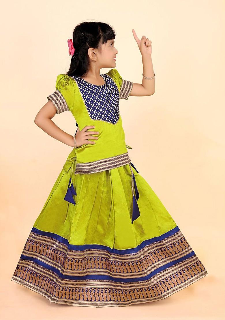 Lime Green Zari Blended Lehenga Choli For Girls - Indya