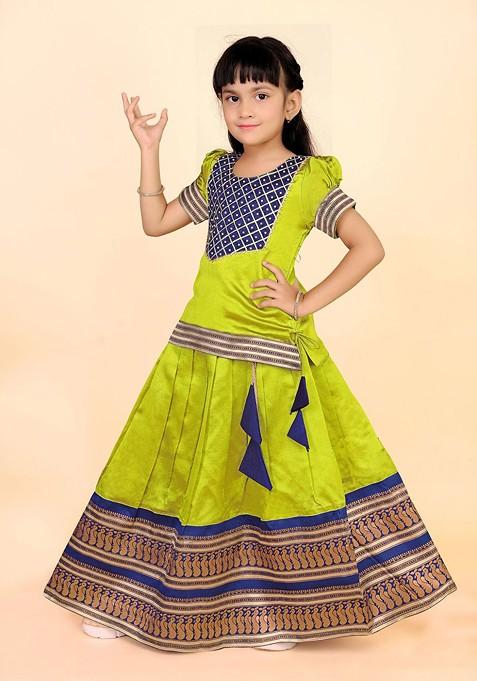 Lime Green Zari Blended Lehenga Choli For Girls — view on Indya
