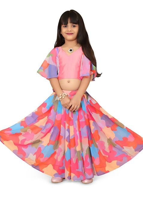 Pink Printed Blended Lehenga Choli For Girls — view on Indya