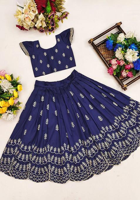 Blue Embroidered Blended Lehenga Choli For Girls