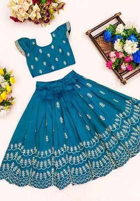 Teal Embroidered Blended Lehenga Choli For Girls