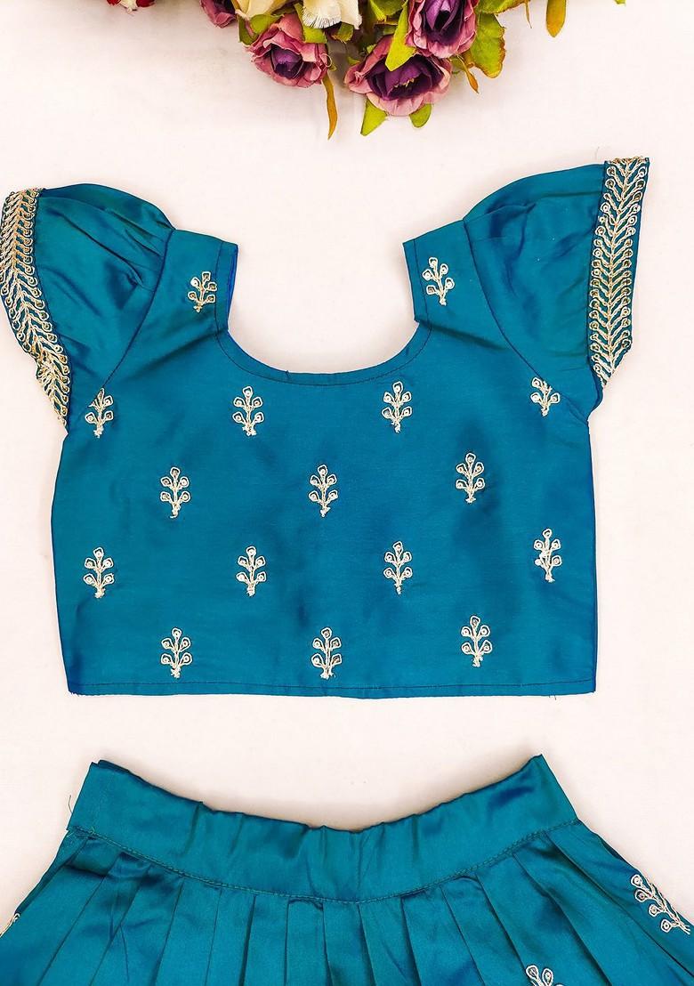 Teal Embroidered Blended Lehenga Choli For Girls - Indya