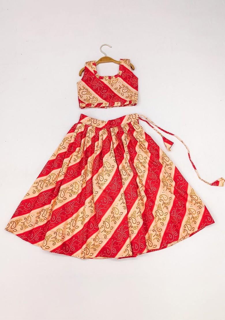 Red Printed Blended Lehenga Choli For Girls - Indya
