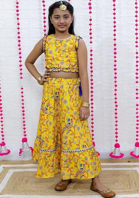 Yellow Printed Cotton Blend Lehenga Choli For Girls