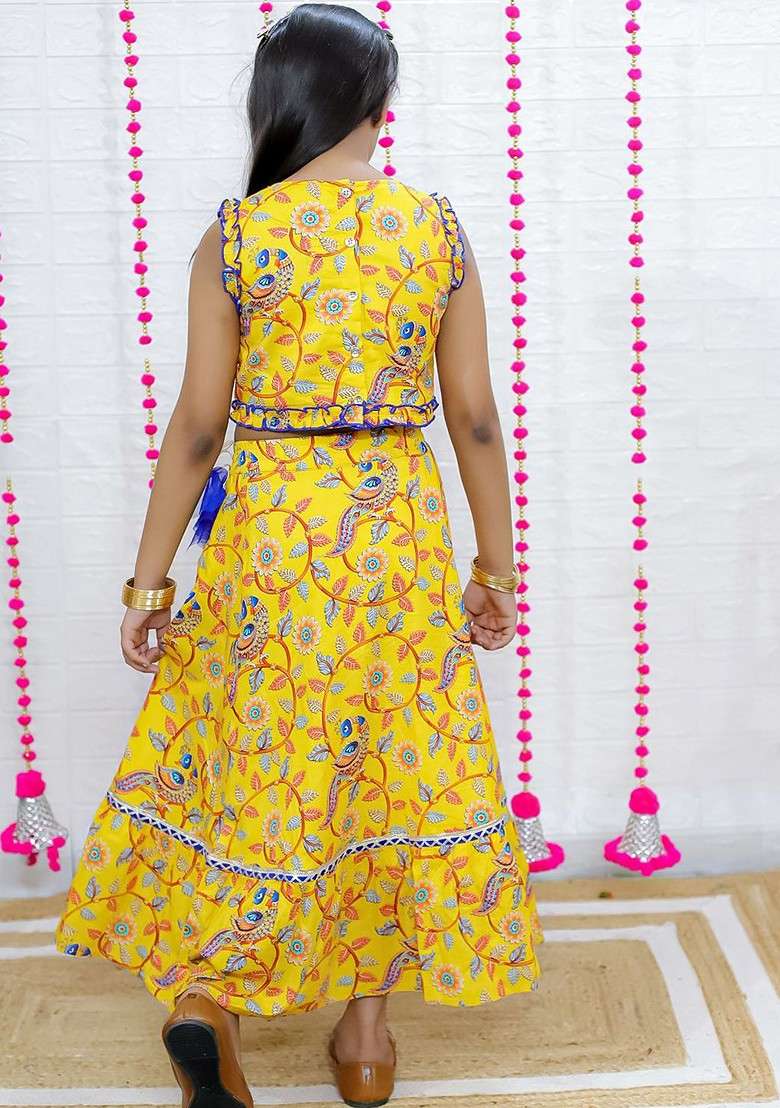Yellow Printed Cotton Blend Lehenga Choli For Girls - Indya