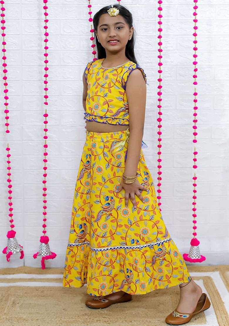 Yellow Printed Cotton Blend Lehenga Choli For Girls - Indya