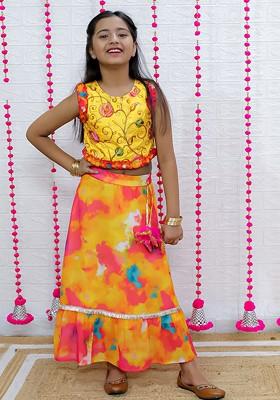 Yellow Printed Cotton Blend Lehenga Choli For Girls