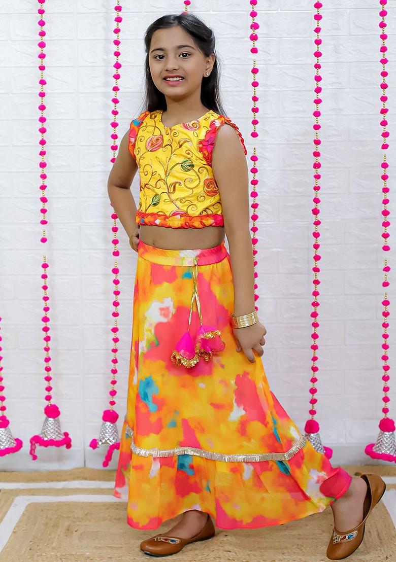 Yellow Printed Cotton Blend Lehenga Choli For Girls - Indya