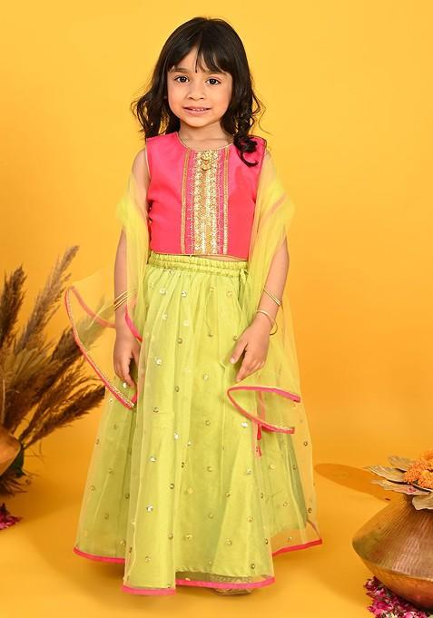 Fluorescent Green Embroidered Blended Lehenga Choli For Girls — view on Indya